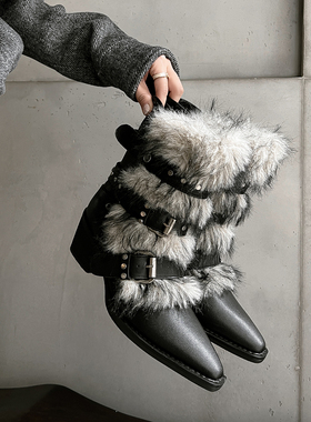 时髦潮货 Minority毛毛尖头短靴女牛皮带扣粗跟铆钉骑士靴机车靴