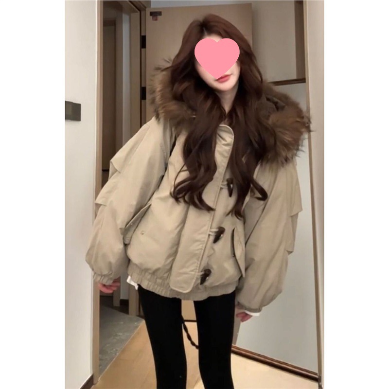 毛领牛角扣羽绒服女2025新款美式复古羽绒棉服派克保暖冬外套
