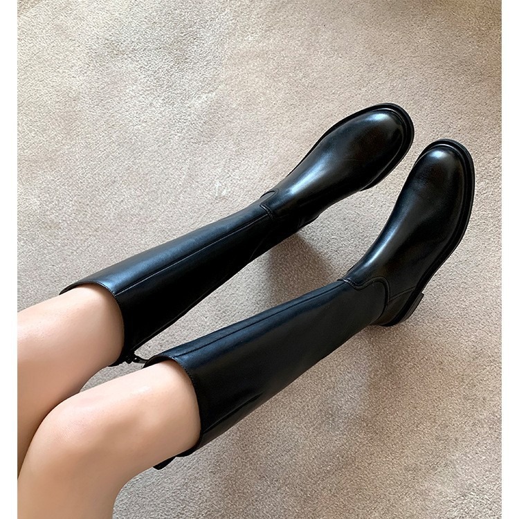 牛皮版~显腿直真皮厚底骑士靴女粗跟黑色长靴侧拉链高筒靴长筒靴