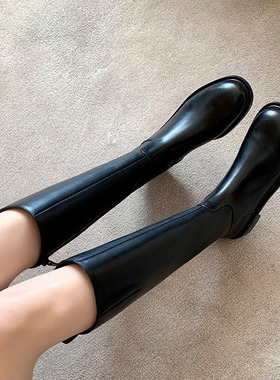 牛皮版显腿直真皮厚底骑士靴女粗跟黑色长靴侧拉链高筒靴长筒靴