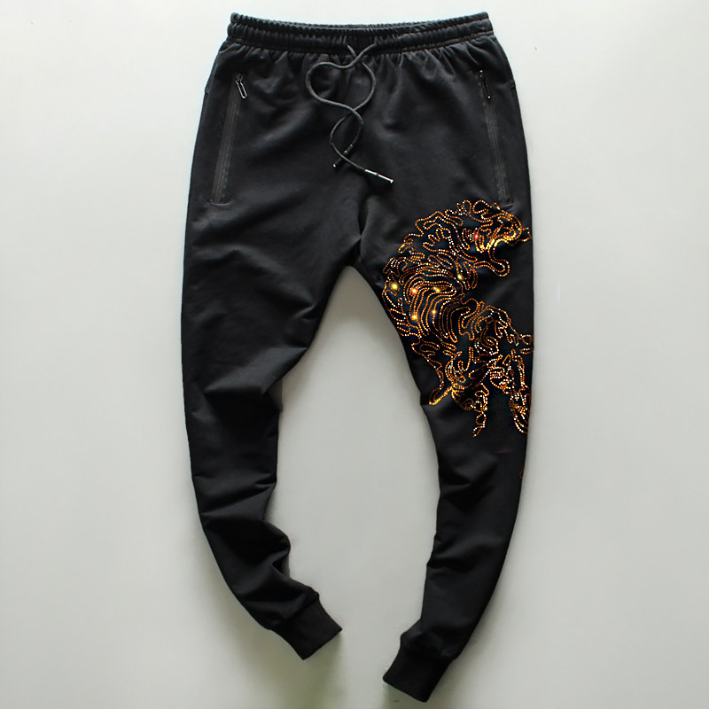 夏季男薄款棉休闲裤小脚收口长裤韩版潮流运动裤老虎烫钻弹力卫裤