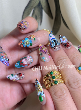 CHU NailArt 恶魔之花多巴胺ins豹纹百合花卉杏仁纯手工穿戴甲