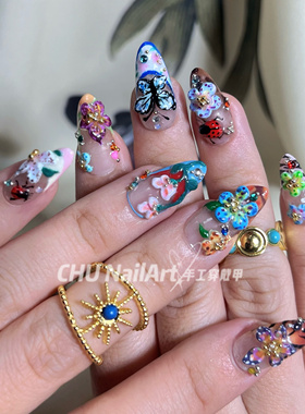 CHU NailArt 恶魔之花多巴胺ins豹纹百合花卉杏仁纯手工穿戴甲