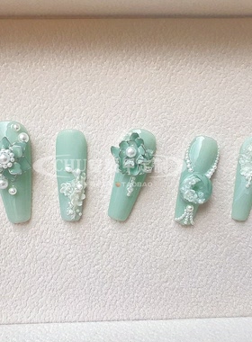 CHU nail原创珠玉缘掐丝珐琅玉石色新中式汉服纯手工穿戴甲