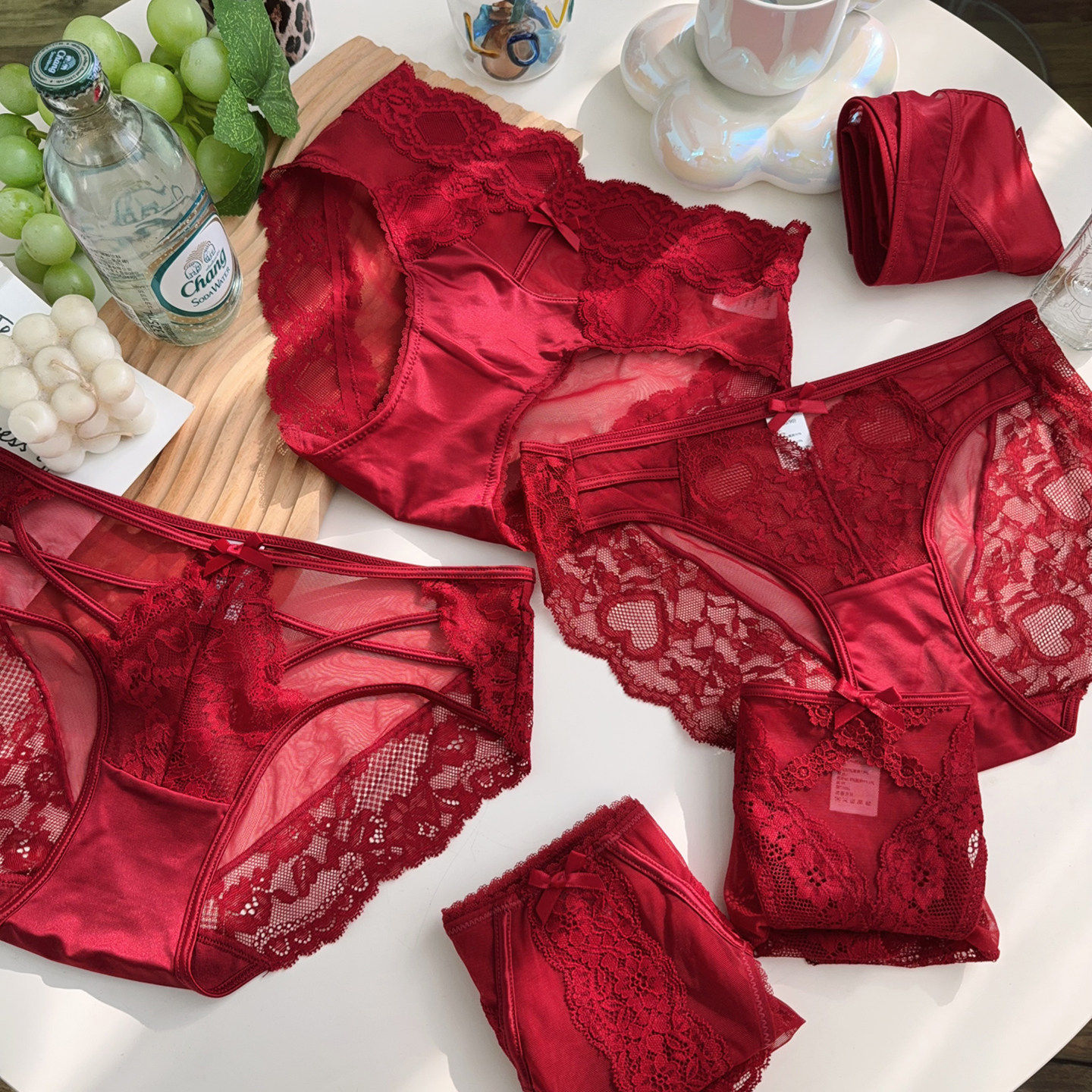 安可拉红深红酒红新年喜庆本命年转运蕾丝性感中高腰三角内裤女士