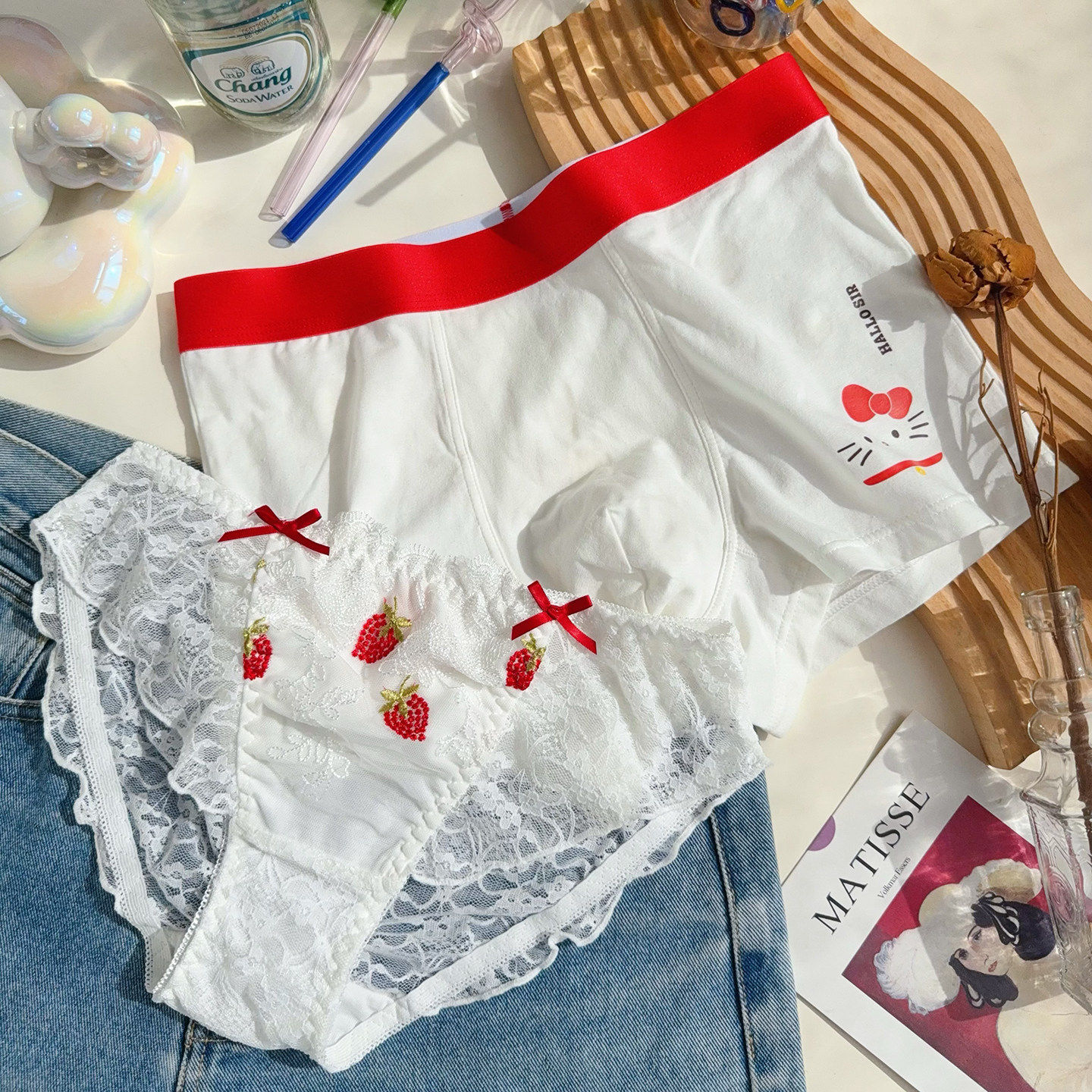 奶油草莓~大码日系甜美系带可解开蕾丝网纱透明情侣内裤一男一女,女士内衣/男士内衣/家居服,男平角内裤,淘宝优惠券,粉丝福利购,淘宝优惠卷