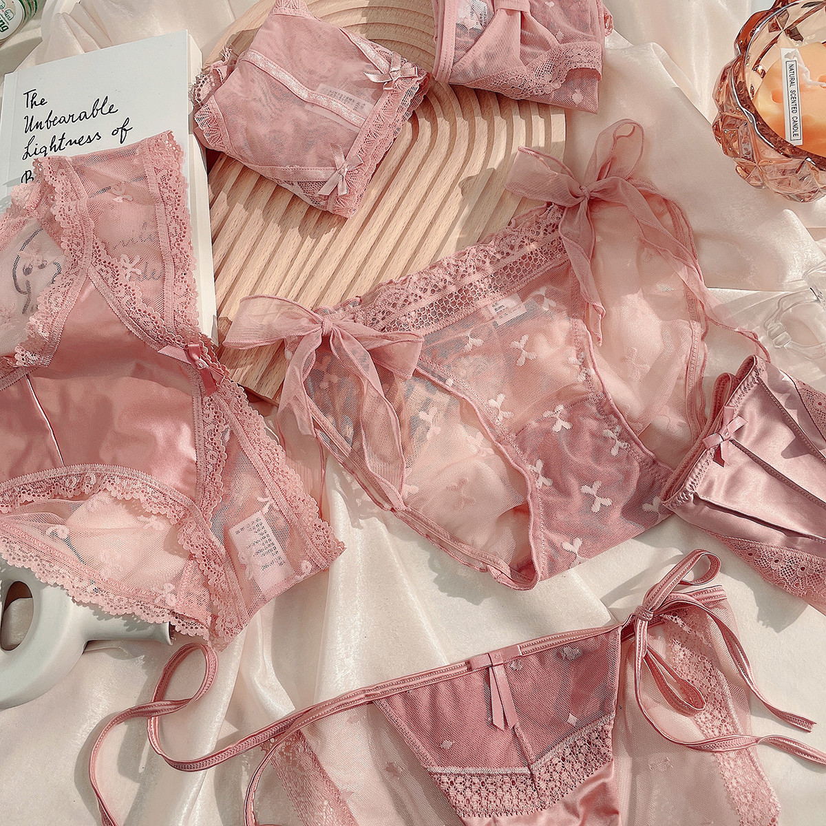粉色低腰蕾丝透明网纱系带内裤女