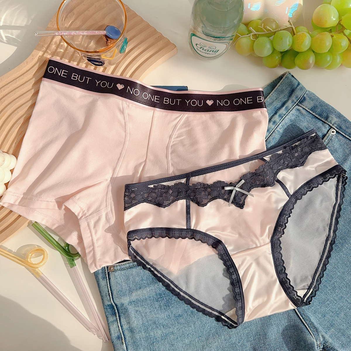 粉色灰色撞色蕾丝性感情侣内裤套