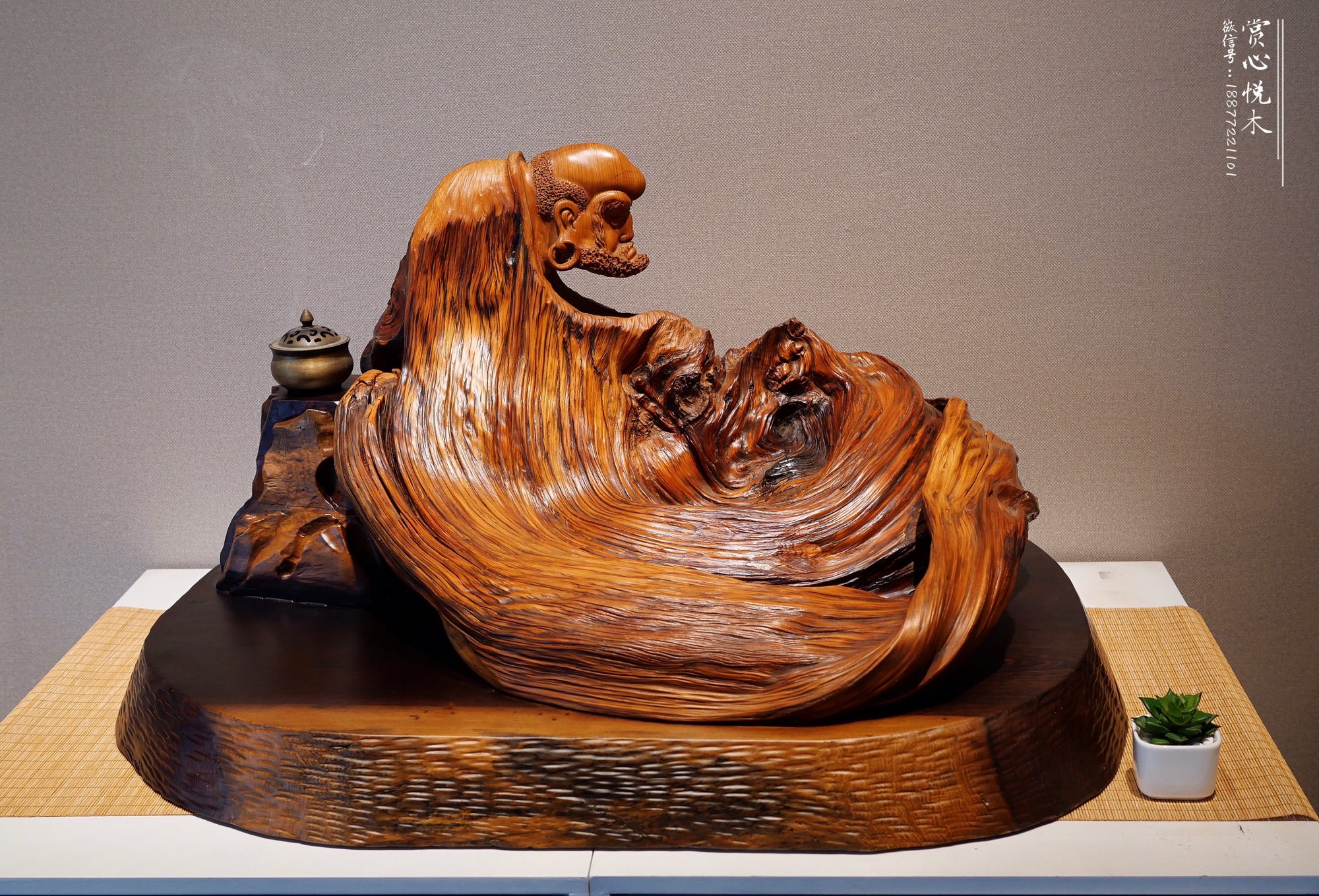 崖柏达摩祖师红油虎皮纹聚宝盆居家会所客厅玄关禅意摆件根雕木雕