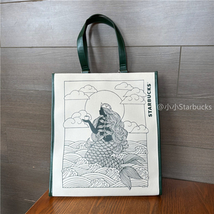 星巴克豆之旅健身包追星站大容量托特包白绿撞色单肩斜跨通勤女包