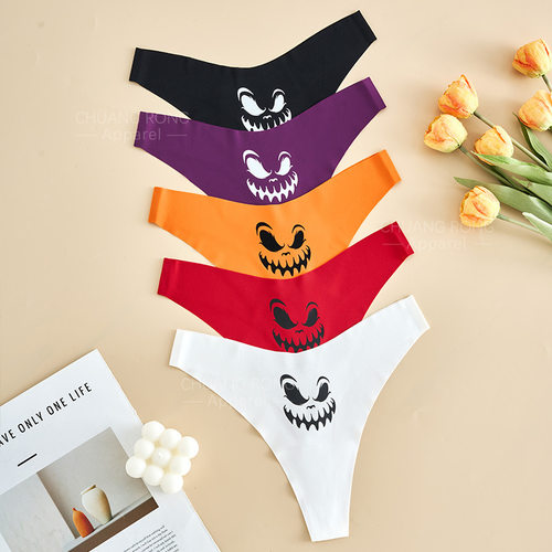 个性万圣鬼脸印花内裤女隐形T裤无痕一片式瑜伽低腰大码跨境内裤