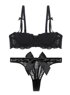 Varsbaby 宫廷藤蔓提花蕾丝大蝴蝶结半杯文胸套装薄棉杯内衣女