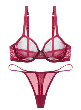 Varsbaby 性感全透明网纱胸罩丁字裤套装超薄透视舒适钢圈文胸女