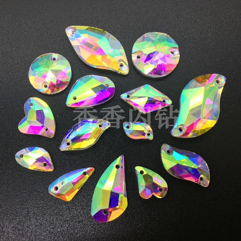 整片AB彩玻璃手缝钻S形树叶心形菱形服装七彩钻舞服异型贴钻