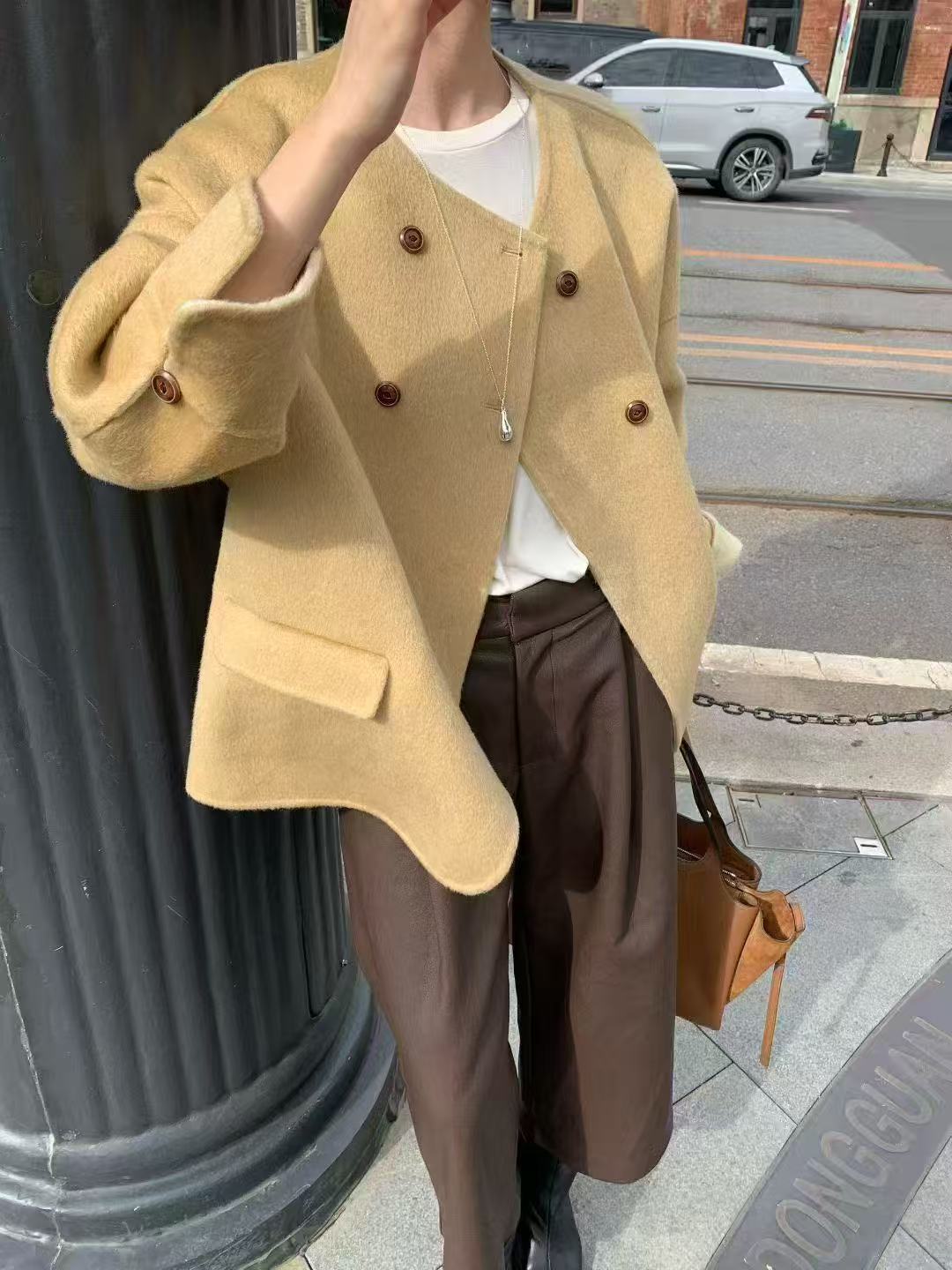 2025秋冬韩系百搭通勤一手长大衣羊毛外套单排扣双面羊绒大衣