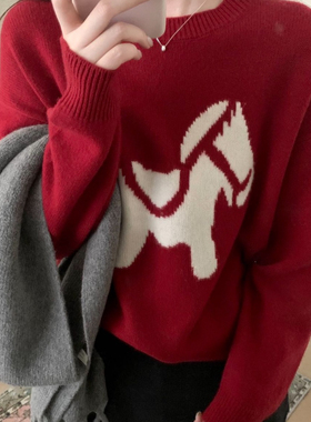 MORROW-马年吉祥小马图案撞色套头加厚保暖毛衣（含100羊毛）YX68