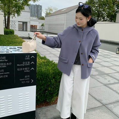 2025秋冬双面羊绒女装外套休闲韩系小个子短款连帽大衣羊毛外套