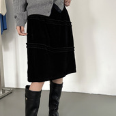 黎诺早春新款 韩系木耳边拼接丝绒半裙女2026时尚 洋气松紧腰裙子潮