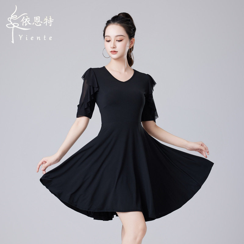黑色古风爵士舞蹈服拉丁舞服女成年新款国标演出服舞蹈中袖连衣裙