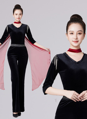 高端金丝绒流苏脖纱黑色形体服舞蹈服走秀模特训练培训礼仪导师服