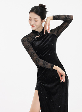 黑色亮片舞蹈旗袍国风弹力网纱蕾丝高开叉新中式古典舞舞蹈服