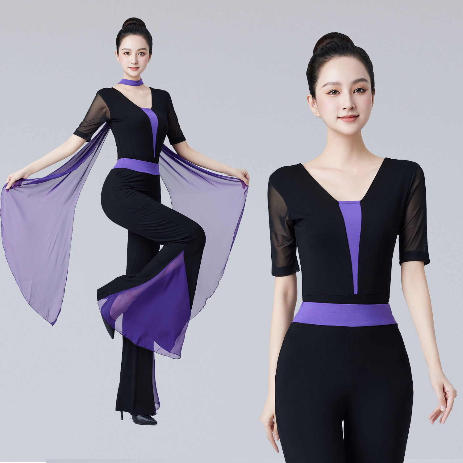 高端形体服套装紫色深V拼色纱袖现代舞服装
