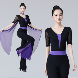 高端形体服套装紫色深V拼色纱袖舞蹈服走秀模特练功培训礼仪服装
