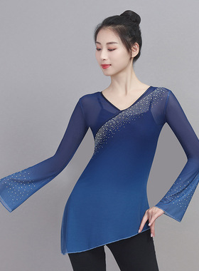 蓝色古典舞韵纱衣艺考舞蹈服渐变长袖中国舞基训服带钻练功服上衣