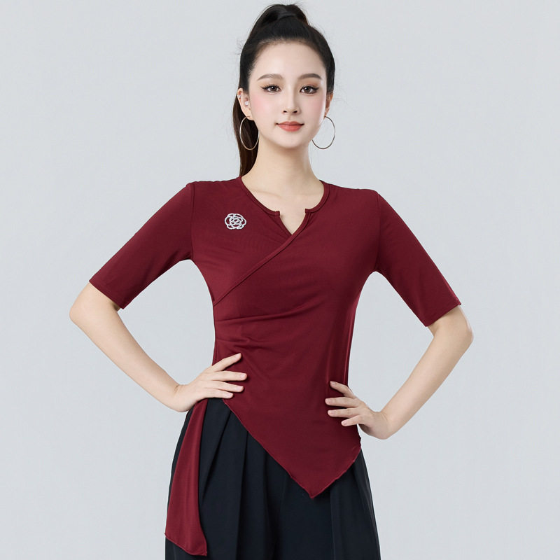 新款拉丁舞服装女成人v领中袖时尚不规则飘带上衣舞蹈跳舞练功服
