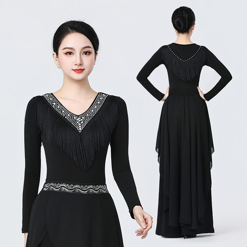 黑色高端形体礼仪服装2026春季新款流苏上衣练功服导师服走秀服装