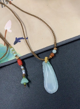 天然翡翠A货淡紫色飘淡绿春彩如意毛衣链项链纯手工创意编绳流苏