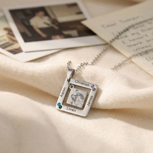 定制照片刻字项链生辰石感恩节DIY饰品百搭情人礼物女生方形吊坠