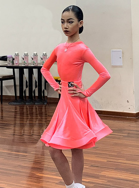 YG少儿拉丁舞规定比赛服D秋冬前圆后V丝绒女童工厂定制长袖考级服