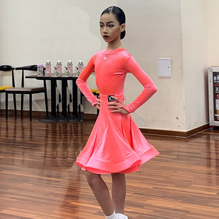YG少儿拉丁舞规定比赛服D秋冬前圆后V丝绒女童工厂定制长袖考级服