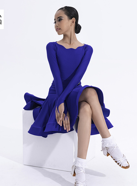 少儿拉丁舞比赛规定服工儿童珠光定制考级班服新花瓣领分体表演裙