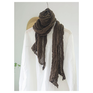 日式纯正棉麻复古纯色围巾  旅行褶皱肌理细长麻纱巾