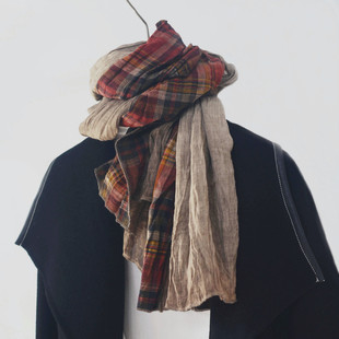 秋冬棉麻格子纯色拼色情侣围巾 男士时尚潮款复古保暖造型围脖披