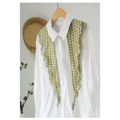 日式格子拼接棉麻护颈三角巾领巾