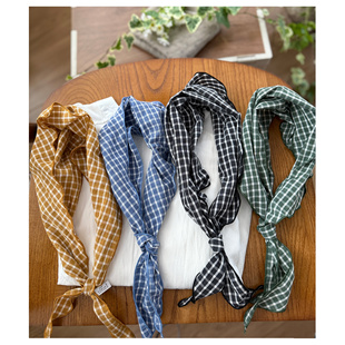 日系文艺复古格子三角巾女夏短款棉麻护颈薄款百搭休闲小领巾男女