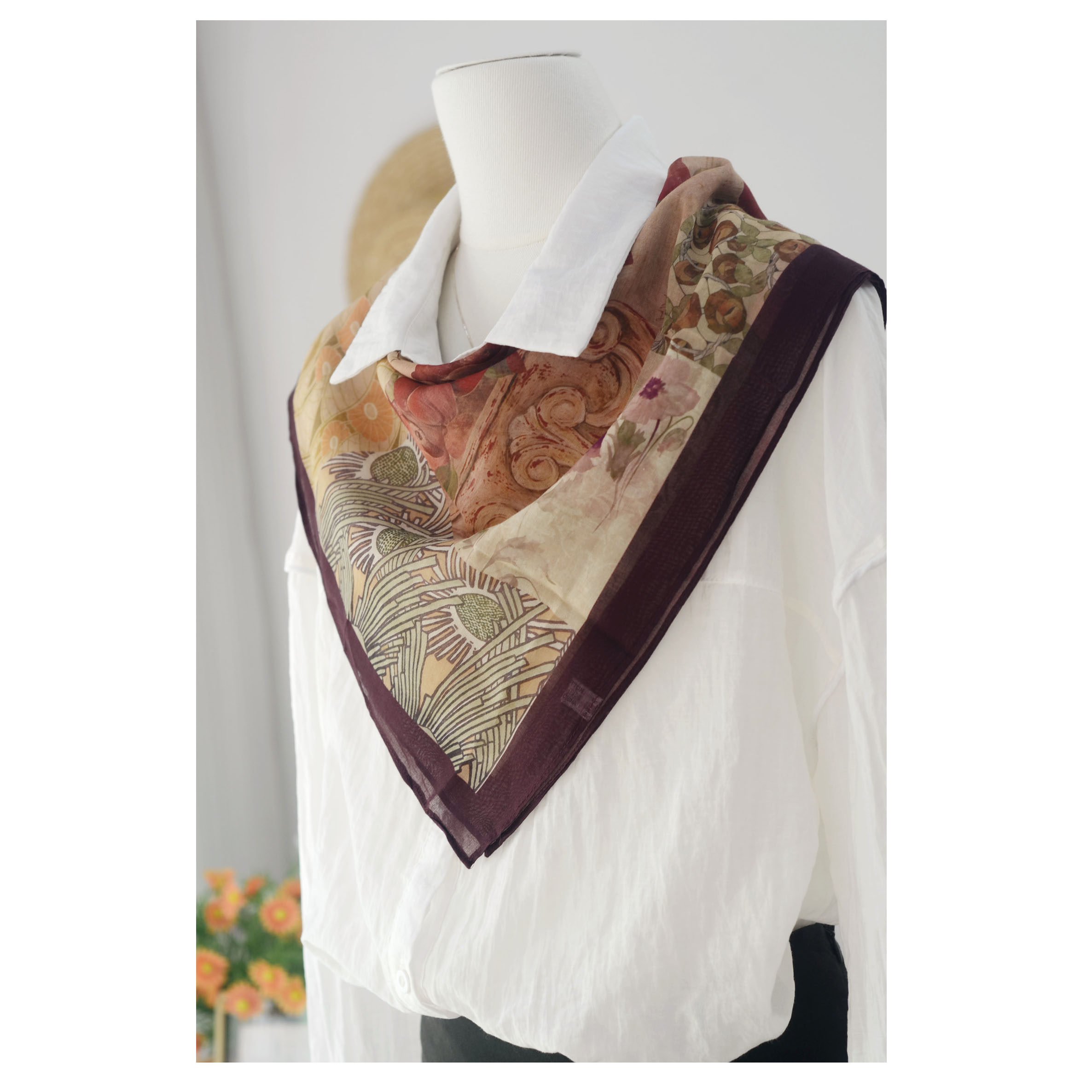 田园风油画纯棉薄纱巾方巾小领巾