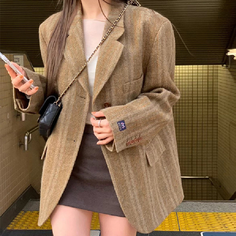 2025冬季新款韩系复古宽松显瘦高级感质感小众羊毛小西装外套女