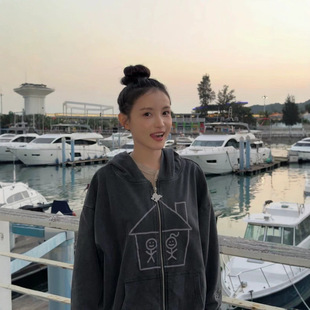 林小宅同款火柴人小房子印花水洗做旧连帽外套韩系卫衣帽衫女