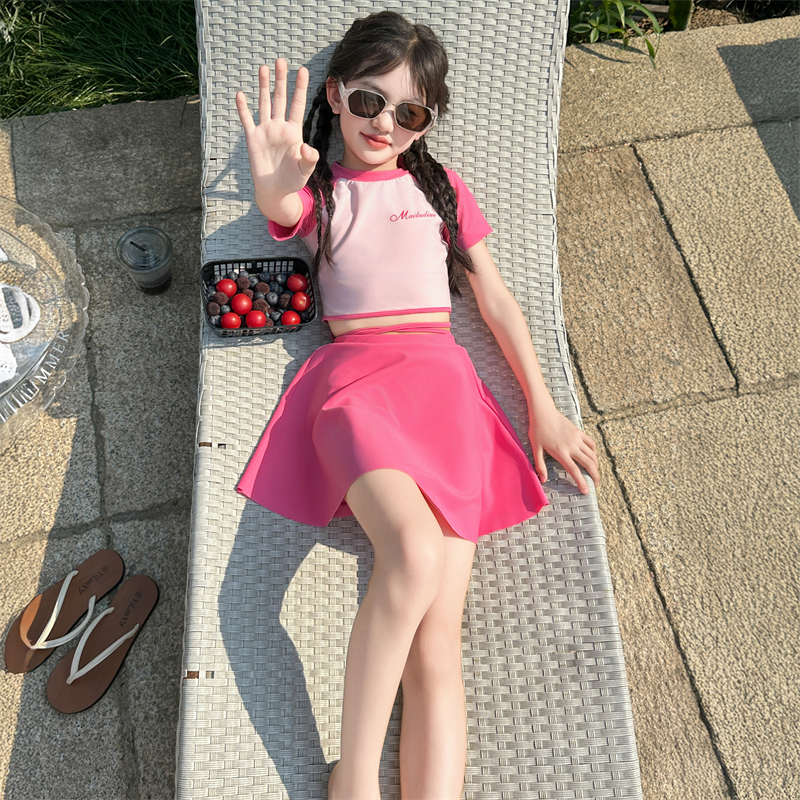 儿童泳衣女童初中生2025新款女孩分体中大童速干T恤裙子游泳套装