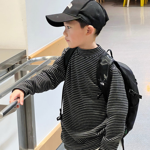 男童加绒条纹打底衫儿童冬装上衣