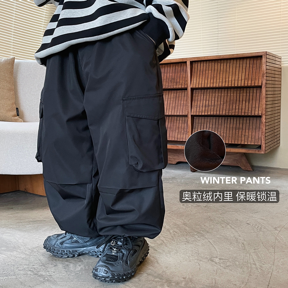 男童加绒黑色工装裤冬季加厚长裤