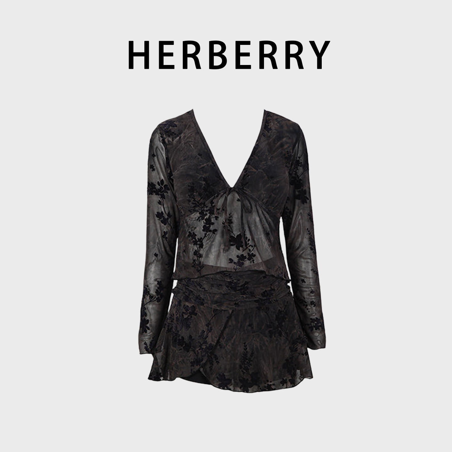 HERBERRY泳装长袖大码胖mm泳性感蕾丝透视泡温泉度假裙式分体泳衣