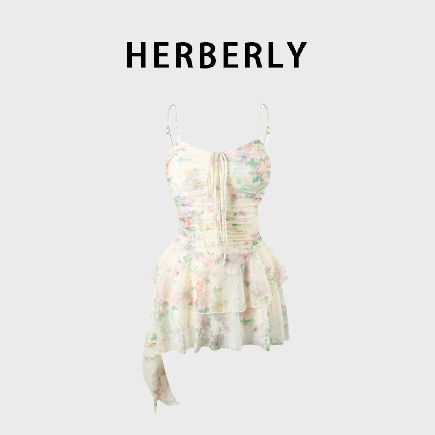 HERBERRY泳装高级小胸性感显瘦小碎花吊带裙式泡温泉度假连体泳衣