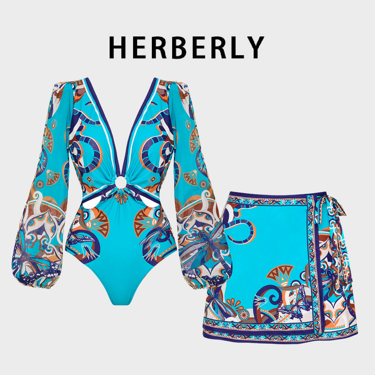 HERBERRY泳装法式复古时尚性感深V显瘦遮肚印花连体泳衣短裙套装