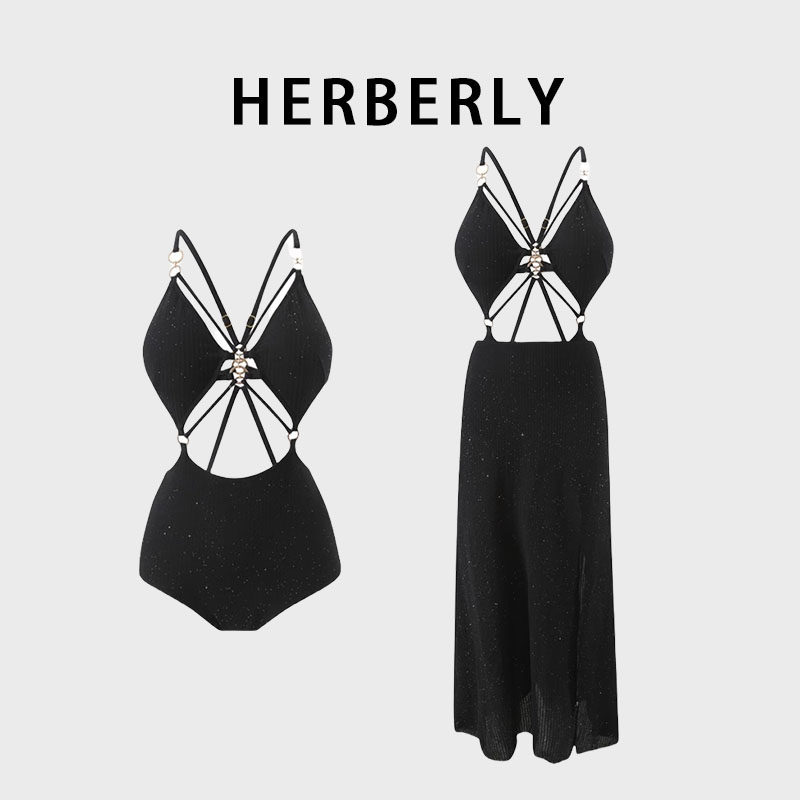 HERBERRY泳装高级性感露背镂空开叉比基尼泡温泉度假裙式连体泳衣