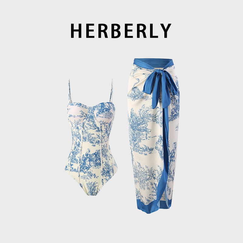 HERBERRY泳装复古中式国风吊带紧身海边沙滩温泉度假裙式连体泳衣